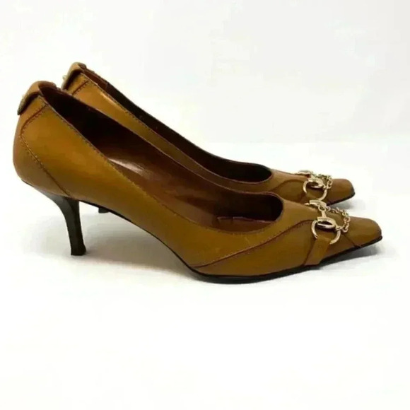 Gucci Brown Leather Gold Horsebit Chain Pointed Toe Kitten Heel Pumps Size 10 - Picture 6 of 15